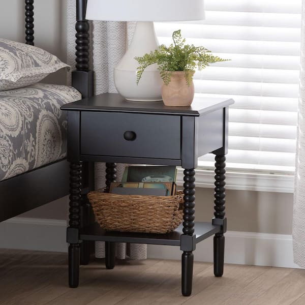 Braith Black 1-Drawer Spindle Wood Nightstand