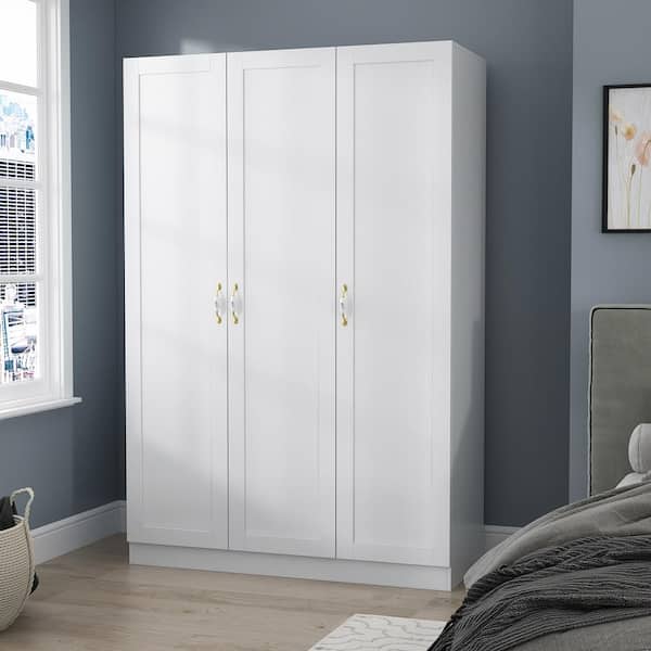 White 3-Doors Armoires Wardrobe with Hanging Rod and Storage Cubes 69.6 in. H x 47.2 in. W x 19.6 in. D