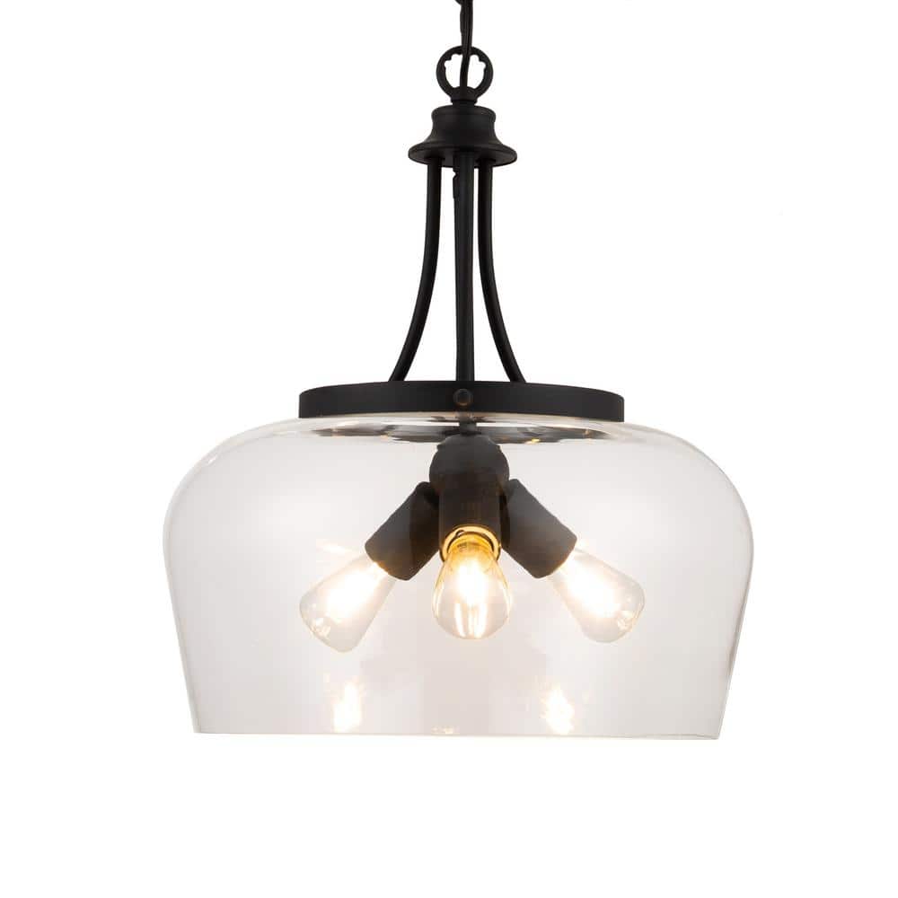 Matte Black 3-Light Dome Pendant with Glass Shade