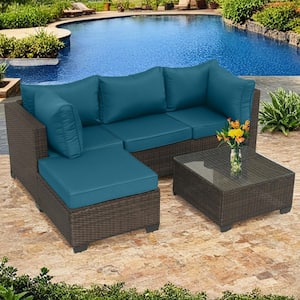Brown 5-Piece Wicker Outdoor Sectional Set with Peacock Blue Cushions for Garden, Pool