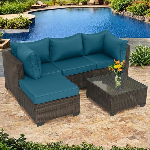 Cesicia Brown 5-Piece Wicker Outdoor Sectional Set with Peacock Blue Cushions for Garden, Pool
