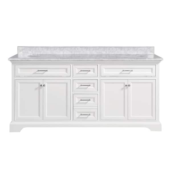 Windlowe 73 in. Double Sink White Bath Vanity with White Carrara White Marble Top (Assembled)