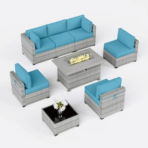 15-Piece Wicker Outdoor Patio Sectional Conversation Set with Cushions and Fire Pit Table Sky Blue