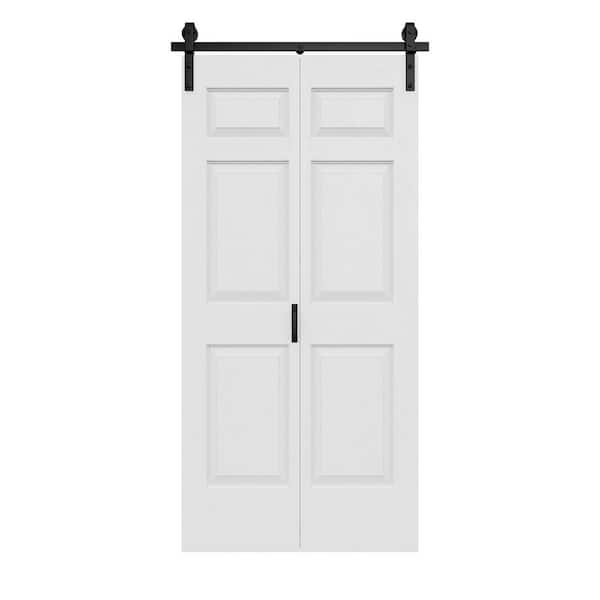 40 in. x 84 in. 6-Panel White Primed MDF Easy Install Waterproof Bifold Sliding Barn Door with Hardware Kit