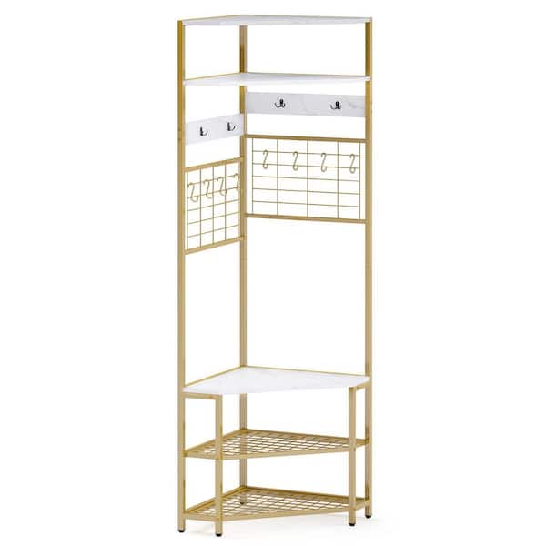 Gymax 5-Tier Corner Hall Tree w/ Shoe Storage Bench 12 Metal Hooks for Living Room White & Gold