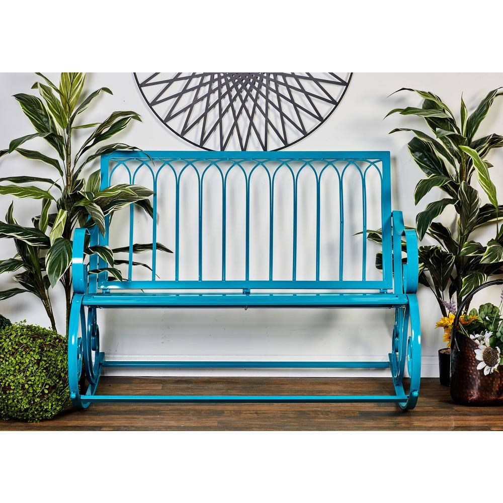 Teal Metal Rocking Outdoor Bench with Scrolled Armrests