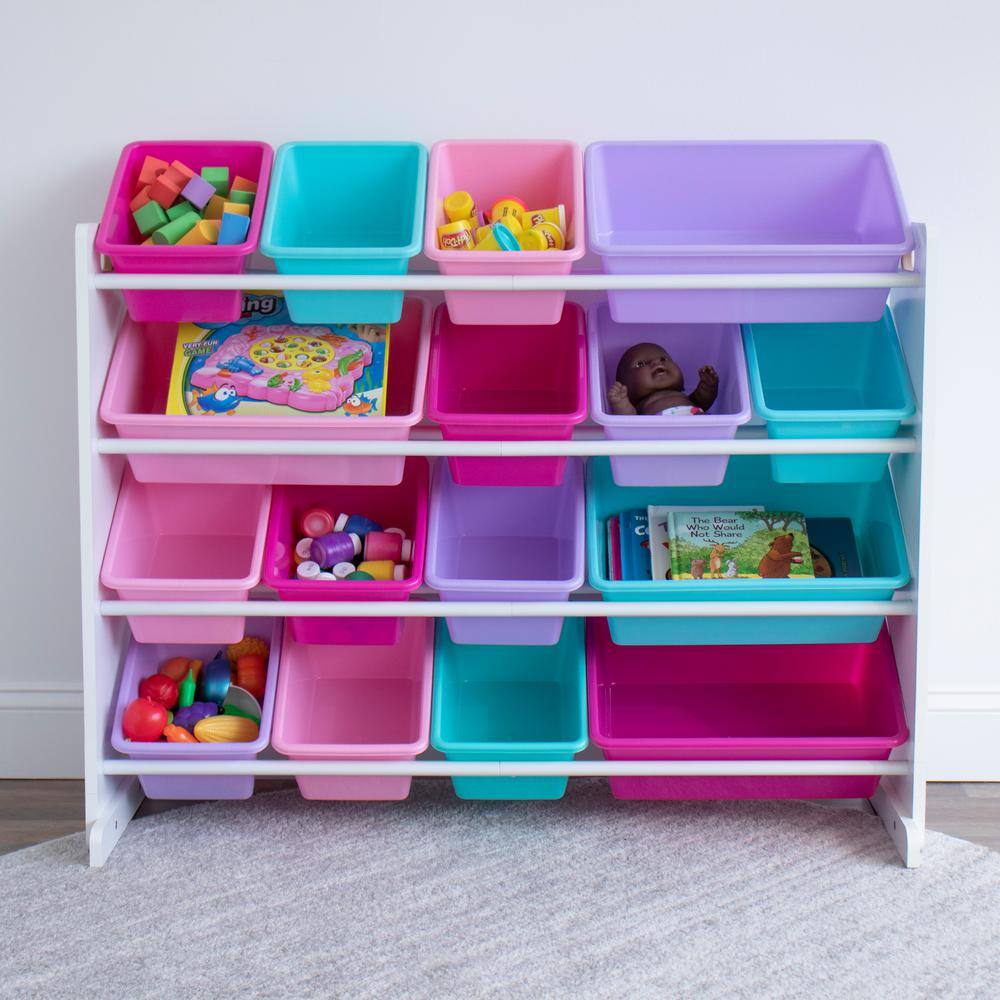 White and Pink Kids Toy Storage Organizer with 16 Bins