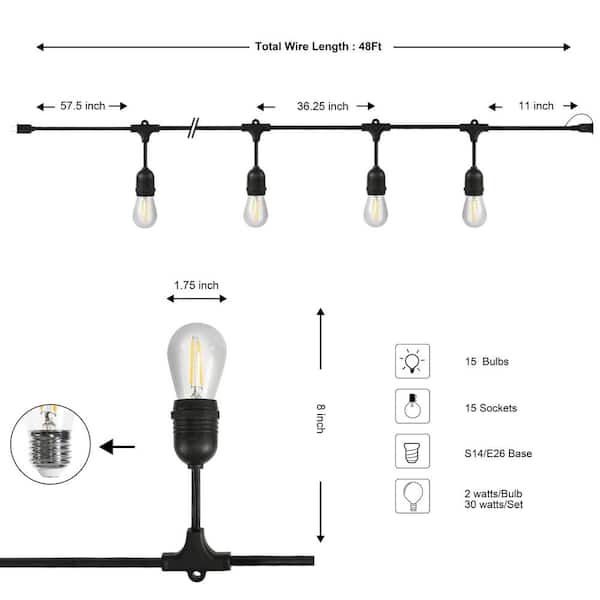 Jonathan Y 15-Light Indoor/Outdoor 48 ft. Rustic Industrial LED S14 Edison Buld String Lights - Black