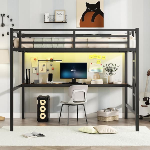 Black Metal Full Size Loft Bunk Bed with Built-in Desk, Power Outlet and LED Lights, Space-Saving Kids Teen Bed Frame