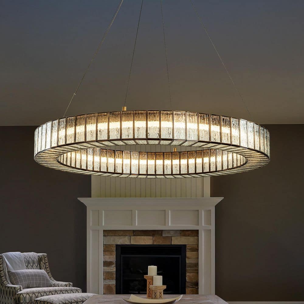 W34 in. Modern Halo Round Textured Glass Integrated LED Chandelier Brass Em