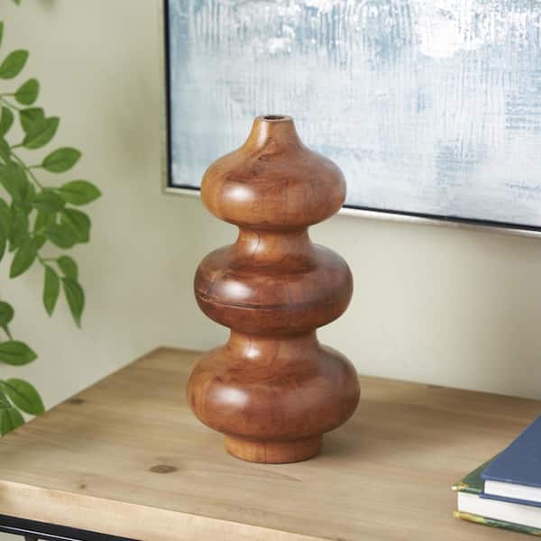 Litton Lane Brown Bubble Wood Geometric Decorative Vase with Natural Wood Grains