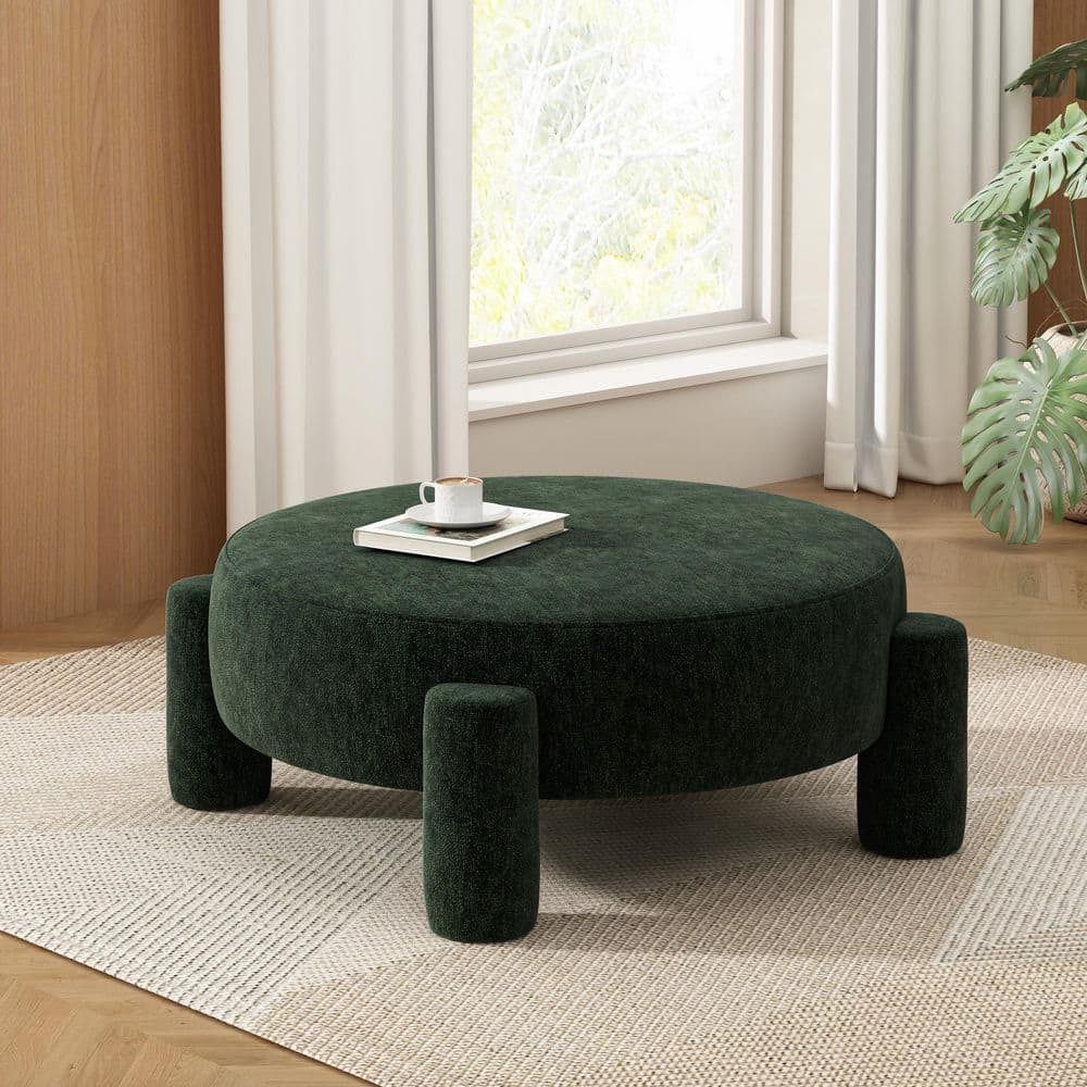 Seaman Green Velvet Upholstery Round Large Ottoman with Tube Shaped Legs