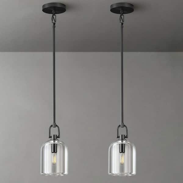 1-Light Black Pendant Light, Modern Indoor Pendant Light with Adjustable Rod for Kitchen Island, Dining Room(2pcs)