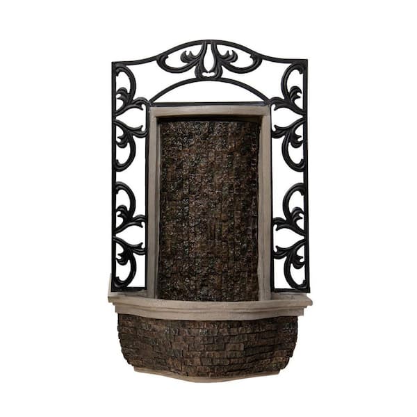 30.31 in. H Stone/Black Polyresin and Metal Indoor Outdoor Wall Mounted Waterfall Fountain with Pump