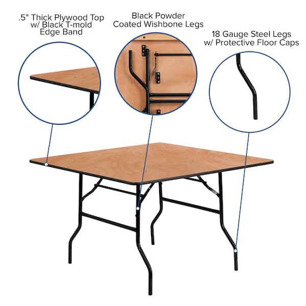 Natural 48 in. Square All-Occasion Wood Folding Event Table, Foldable Square Portable Banquet Table with Wooden Top