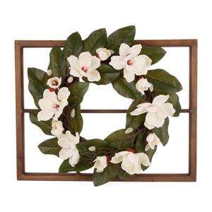 24 in. Artificial Dia Magnolia Wreath with 28 in. Artificial H Wooden Window Frame