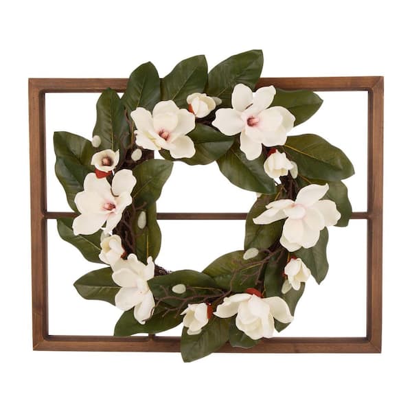 Glitzhome 24 in. Artificial Dia Magnolia Wreath with 28 in. Artificial H Wooden Window Frame