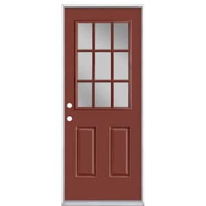 32 in. x 80 in. 9 Lite Red Bluff Right-Hand Inswing Painted Smooth Fiberglass Prehung Front Exterior Door, Vinyl Frame