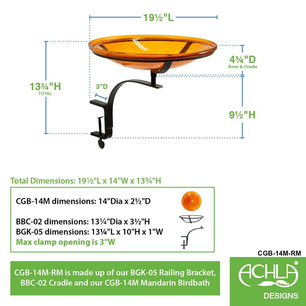 Mandarin Orange 14-Inch Hand Blown Crackle Glass Birdbath with Rail Mount