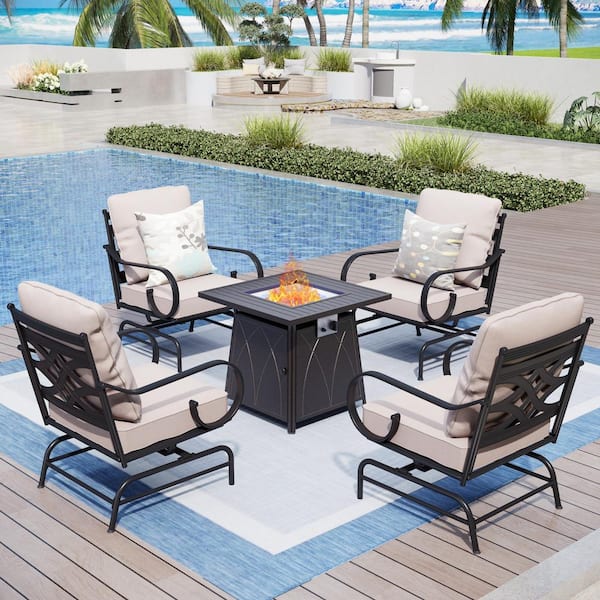 PHI VILLA Black Metal 4 Seat 5Piece Steel Outdoor Patio Conversation Set with Beige Cushions,Rocking Chairs, Square Fire Pit Table