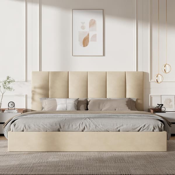 Beige Plywood Frame King Size Linen Upholstered Platform Bed with Lifting Storage