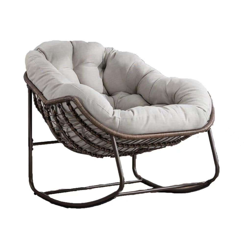 Wicker Outdoor Rocking Chair,Rocker Recliner Chair with Beige Padded Cushio