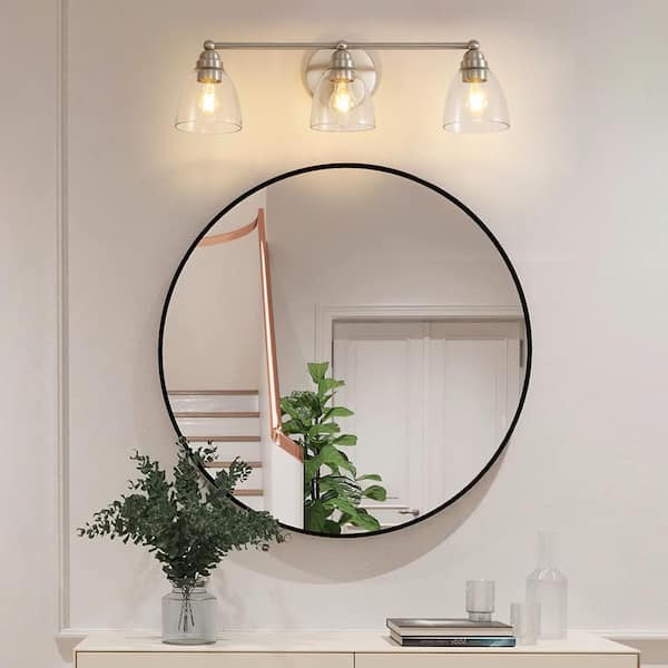 Kastle 26 in. 3-Light Brushed Nickel Bathroom Vanity Light Fixture with Bell Clear Glass Shades
