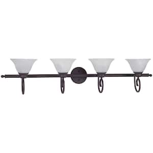 Troy 48 in. 4-Light Antique Bronze Bath and Vanity Light with Alabaster Glass Bell Shades
