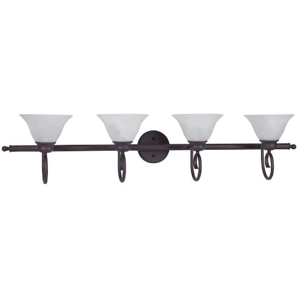 Volume Lighting Troy 48 in. 4-Light Antique Bronze Bath and Vanity Light with Alabaster Glass Bell Shades