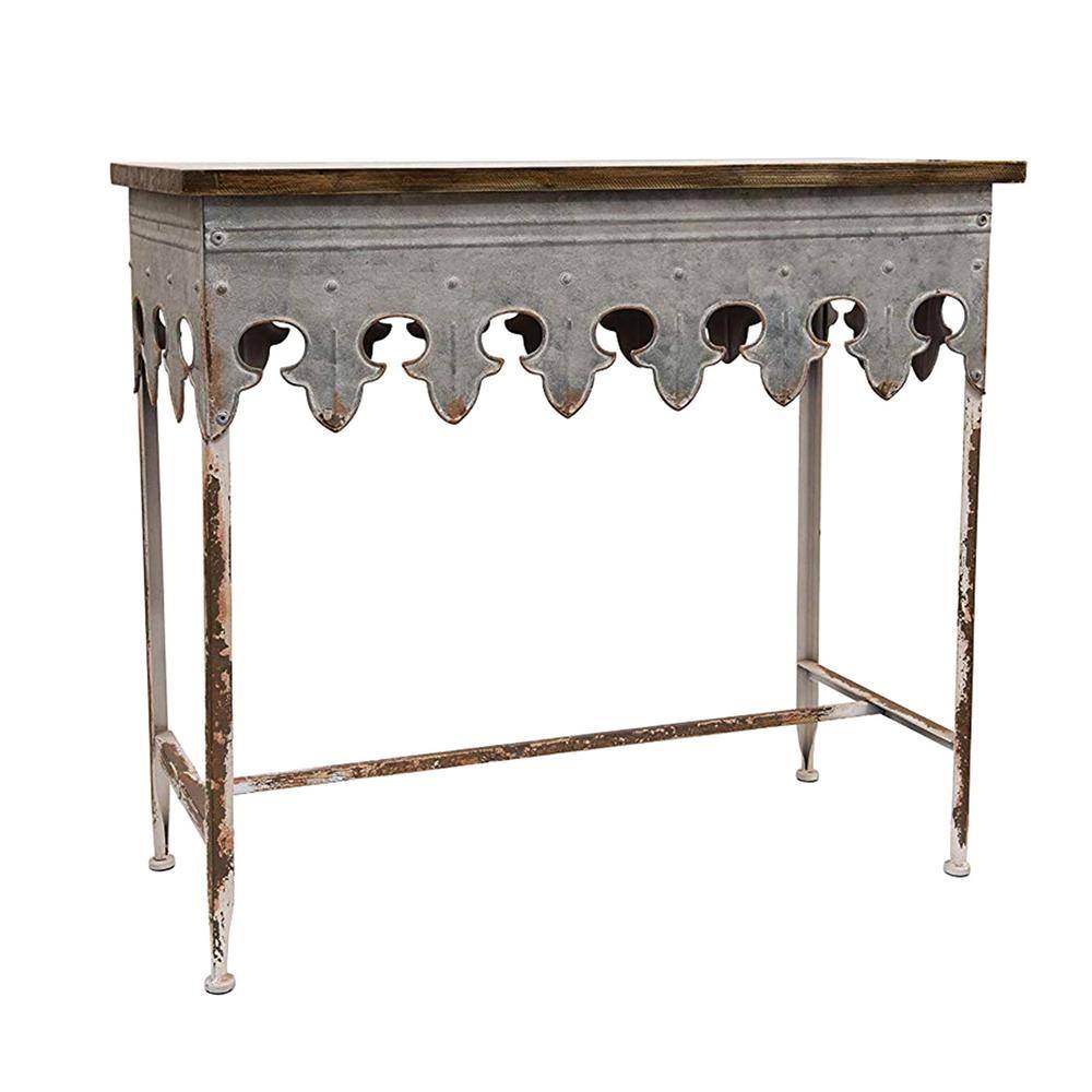Scalloped Edge 36" Metal & Wood Console Table with Distressed Finish