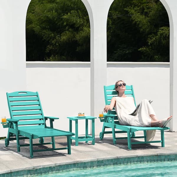 Lounge Chair Ourdoor with 6-Position Adjustable Back, HDPE Patio Chaise with Wheels and Cup Holder, Aruba Blue, 2 Pack