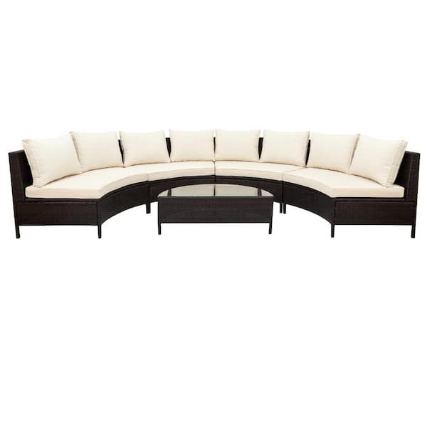 5-Piece Brown PE Rattan Wicker Sectional Set with Tempered Glass Table, Beige Cushions Outdoor Patio Sofa