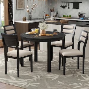 5-Piece Black Round Extendable Wood Dining Table Set with 2-Small Drawers and 4-Upholstered Dining Chairs