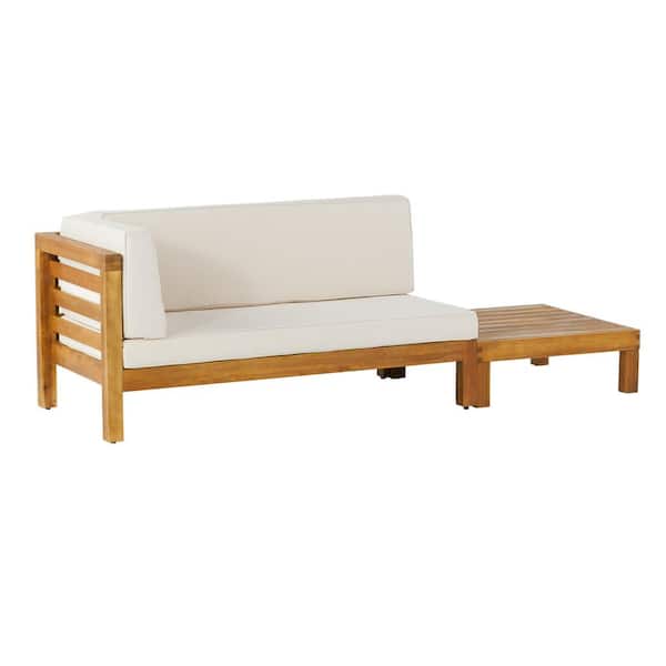 Noble House Kaena Teak 2-Piece Wood Left-Armed Patio Conversation Set with Beige Cushions
