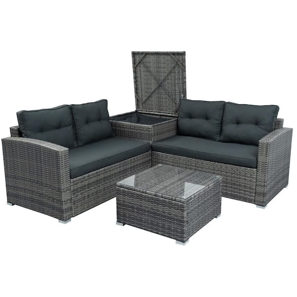 Tunearary PE Rattan Wicker Outdoor Sofa Sectional Set with Large Storage Box with Gray Cushions