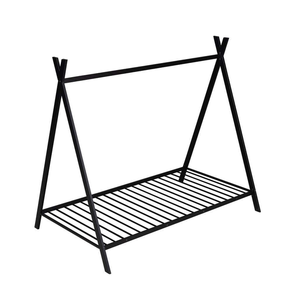 Black House Bed Tent Bed Frame Twin Size Metal Floor Play House Bed with Sl