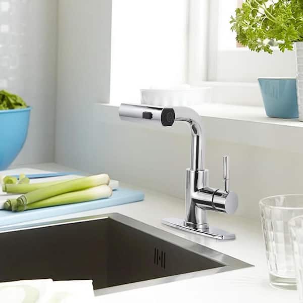 Waterfall Single Handle Pull Down Bar Faucet with 3-Modes Sprayer and Deckplate in Polished Chrome