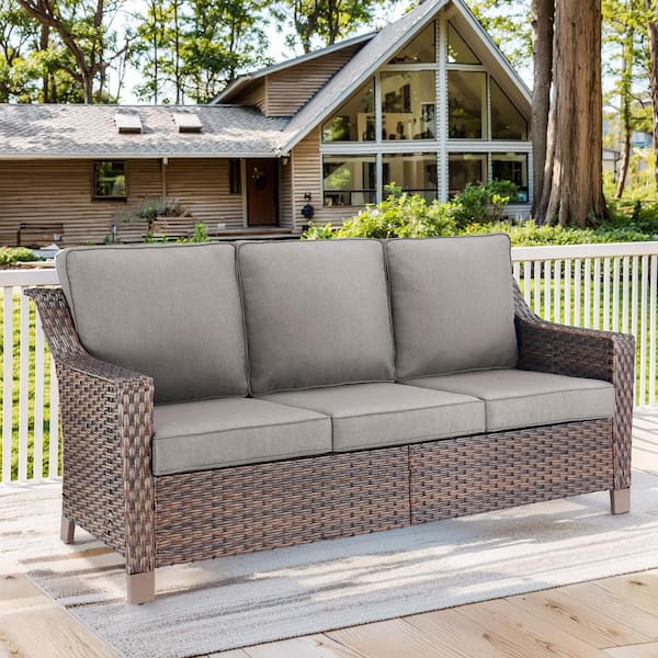 Opohoro Brown Wicker Outdoor Couch, Rattan Wicker 3-Seat Sofa High Back Couch with Gray Cushions for Backyard Porch