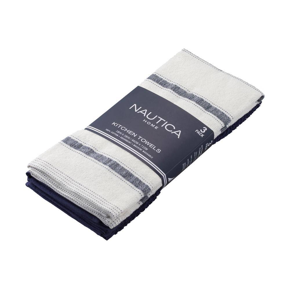Navy and White Striped Cotton Kitchen Towels Set of 3