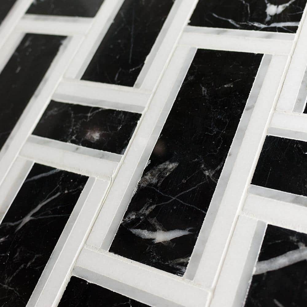 Nero and White Carrara Marble Basketweave Mosaic Tile