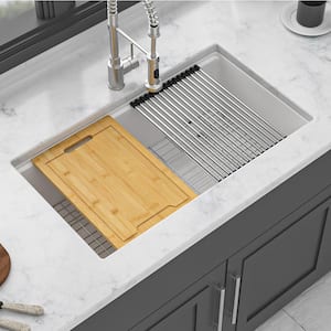 33 in. Undermount Single Bowl White Quartz Kitchen Sink with Bottom Grids