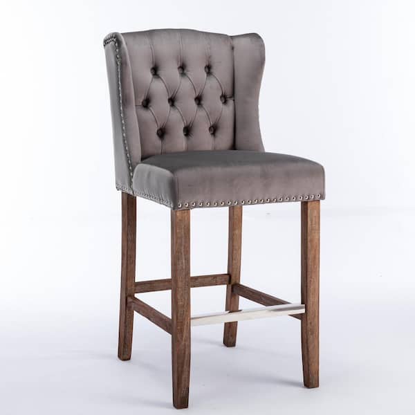 Donason 41.30 in. Gray High Back Wood Frame 27 in. Cushioned Bar Stool with Velvet Seat (Set of 2)