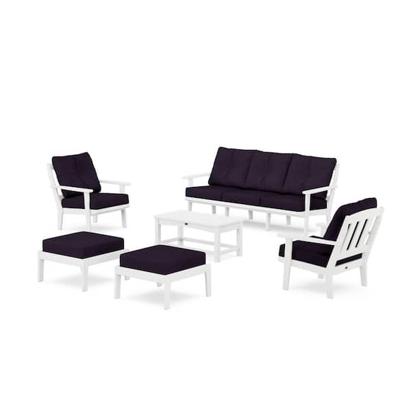 Trex Outdoor Furniture Cape Cod 6-Piece Plastic Lounge Sofa Set in Classic White/Navy Linen Cushions