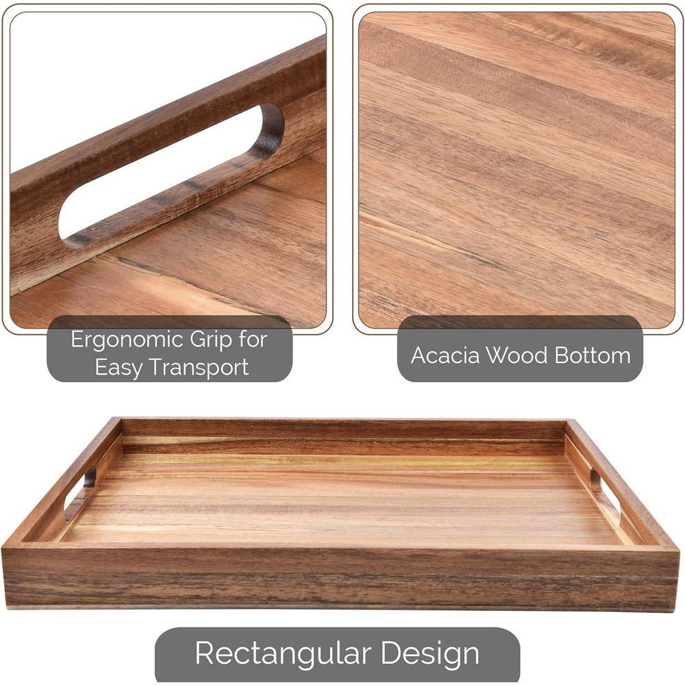 Acacia Wood Rectangular Serving Trays with Handles, Set of 2