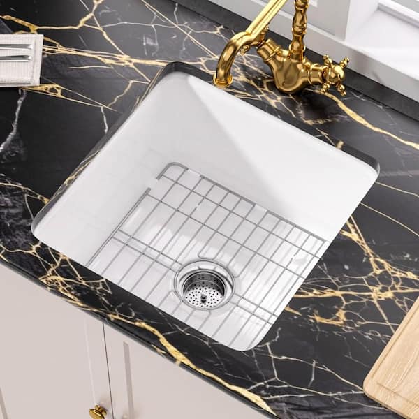 Kitchen Sink 18 in. Undermount Single Bowl Kitchen Fireclay Sinks Small Sink with White Bottom Grid and Sink Strainer
