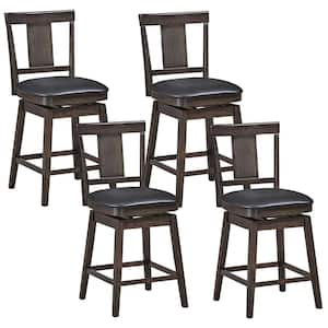 24 in. Brown Height Back Wood Frame Counter Height Swivel Bar Stool with Leather Seat(Set of 4)