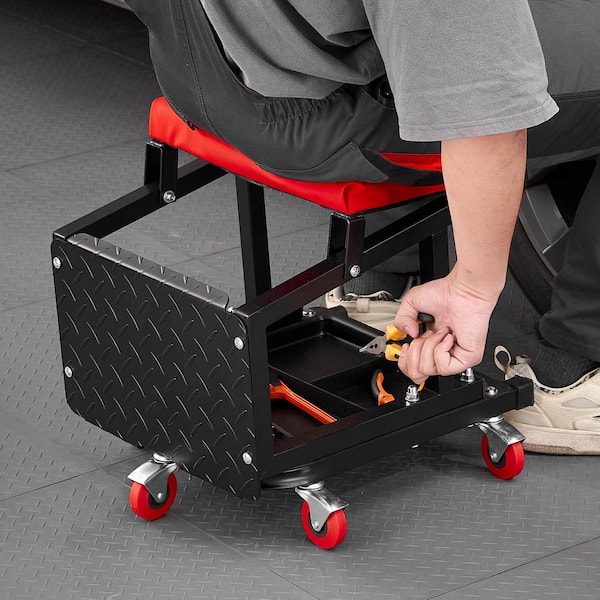 Mechanic Stool, 300 lbs. Capacity Garage Seat/Work Stool with Wheels, 360° Swivel Rolling Workshop Stool with Tool Tray