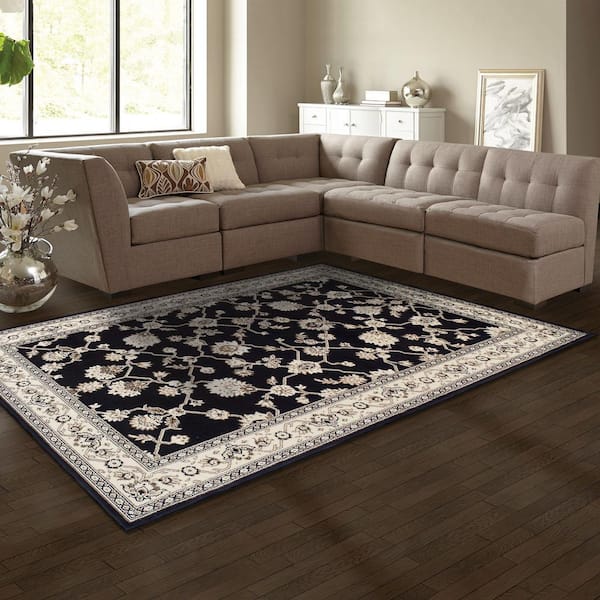 Kingfield Black 8 ft. x 10 ft. Rectangle Floral, Border Polypropylene Area Rug