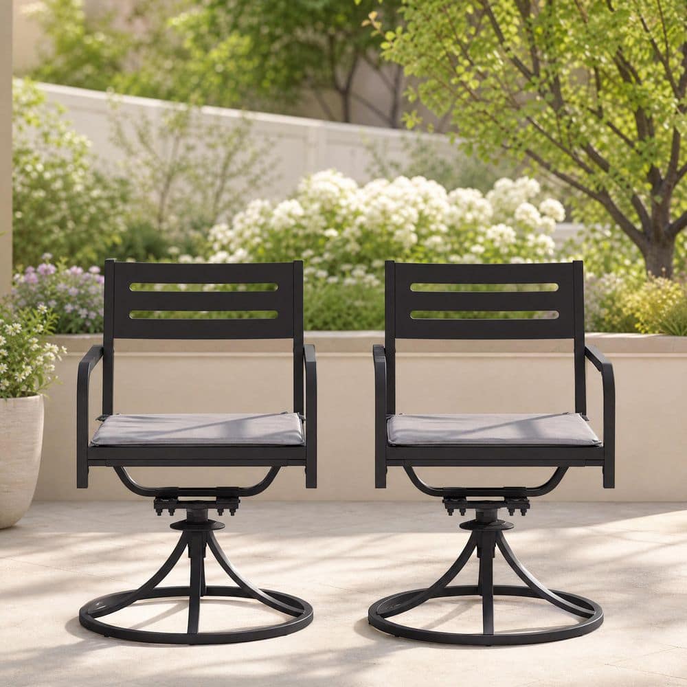 Black Metal 360° Swivel Outdoor Dining Chairs with All-Weather 1.2 in. Gray Cushions for Backyard Garden Lawn, Set of 2 price history on PriceWatchPro
