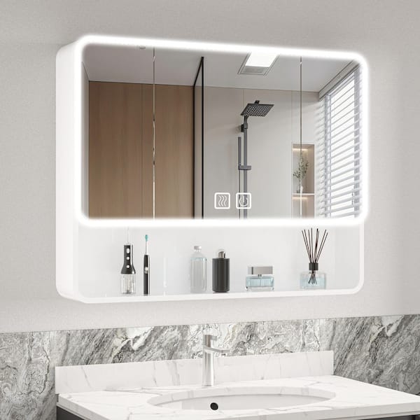 35 in. W x 28 in. H Rectangular Aluminum Defogging LED Light Surface Medicine Cabinet with Mirror and Hair Dryer Holder